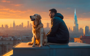 A autistic man sitting with his service dog on top of Autism therapy center watching city